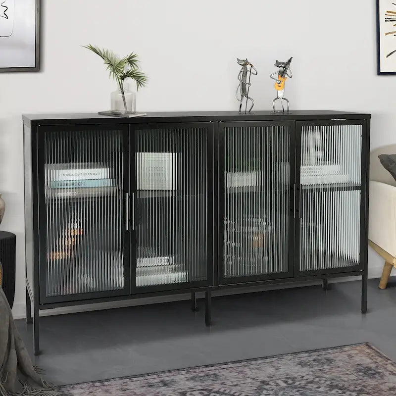 Armario de almacenamiento negro con 4 puertas de vidrio templado