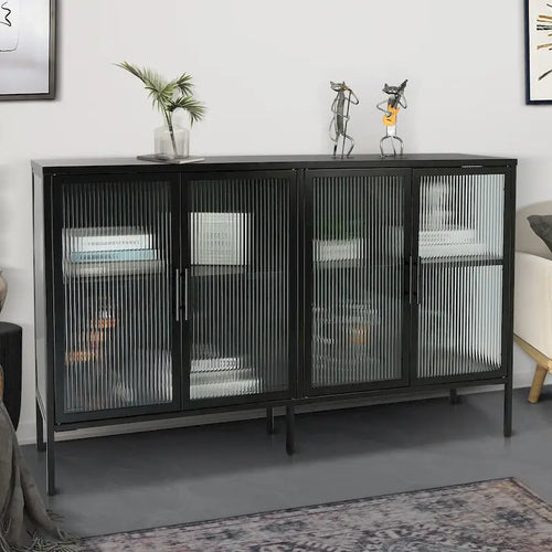 4-Door Tempered Glass Cabinet with 4 Glass Doors Adjustable Shelf and Feet Anti-Tip Dust-free Fluted Glass Kitchen Credenza