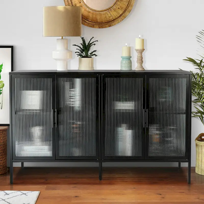 Armario de almacenamiento negro con 4 puertas de vidrio templado