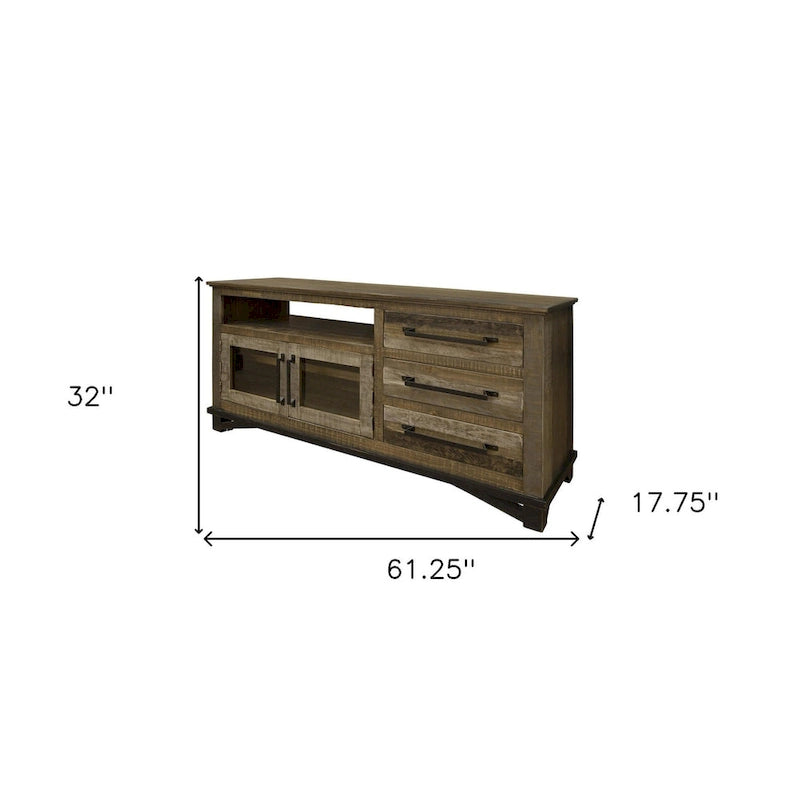 Mueble rústico para TV de madera de pino de 61.25 pulgadas con almacenamiento