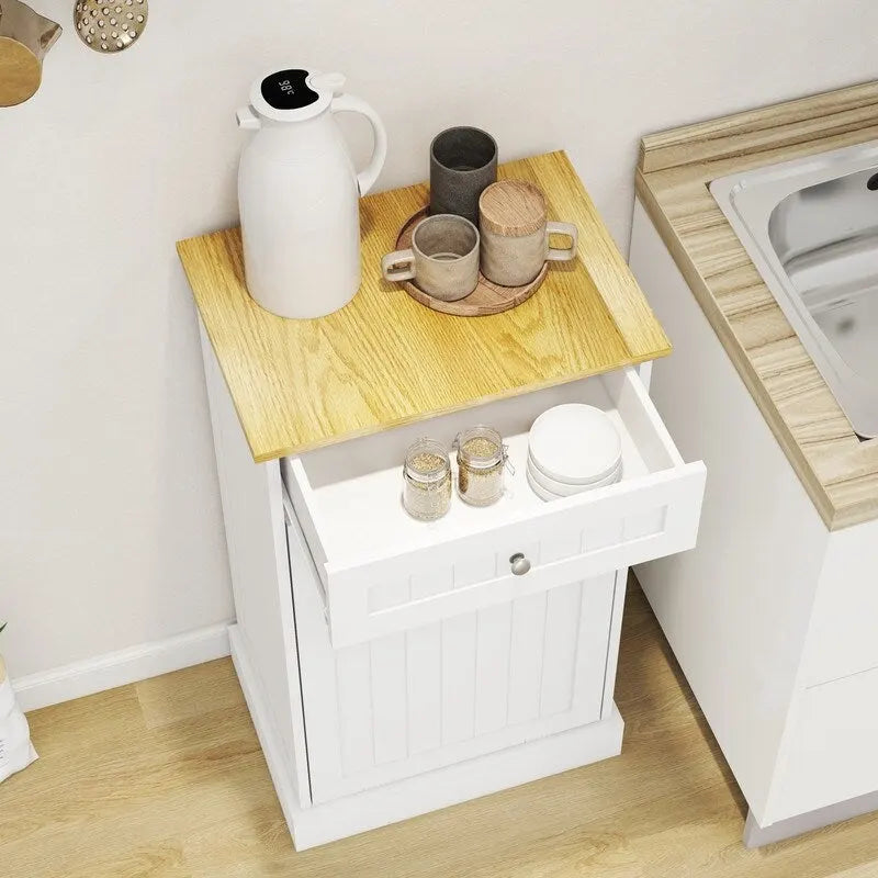White Tilt-Out Trash Cabinet with Drawer