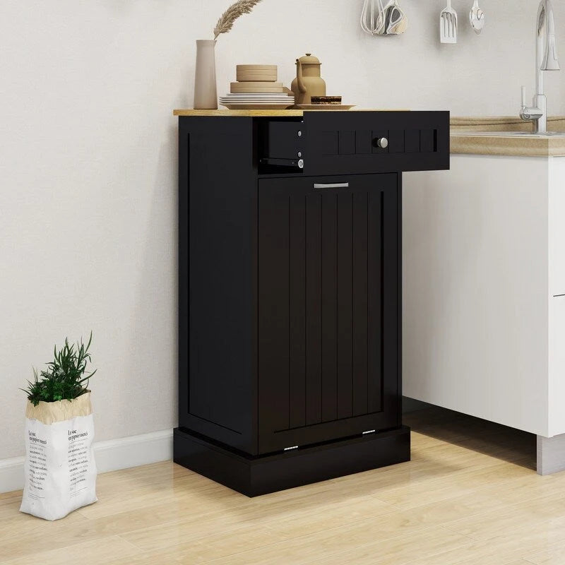 White Tilt-Out Trash Cabinet with Drawer