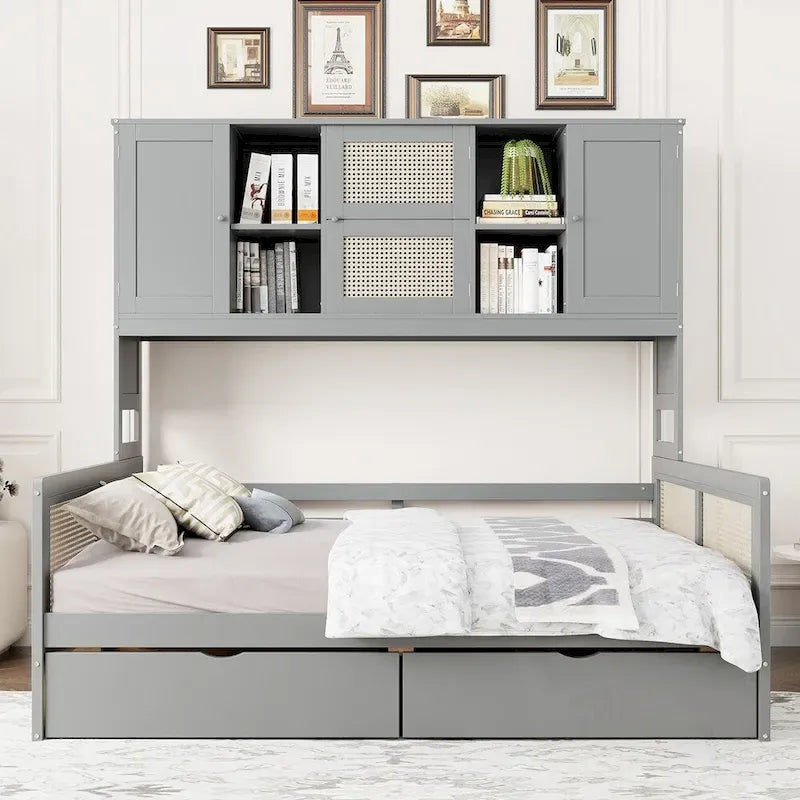 Cama de día de madera con 2 cajones, armarios y estantes
