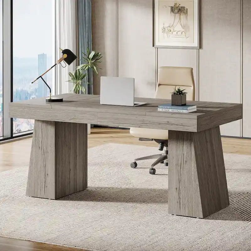 139,7 cm brauner Chefschreibtisch mit Metallgestell