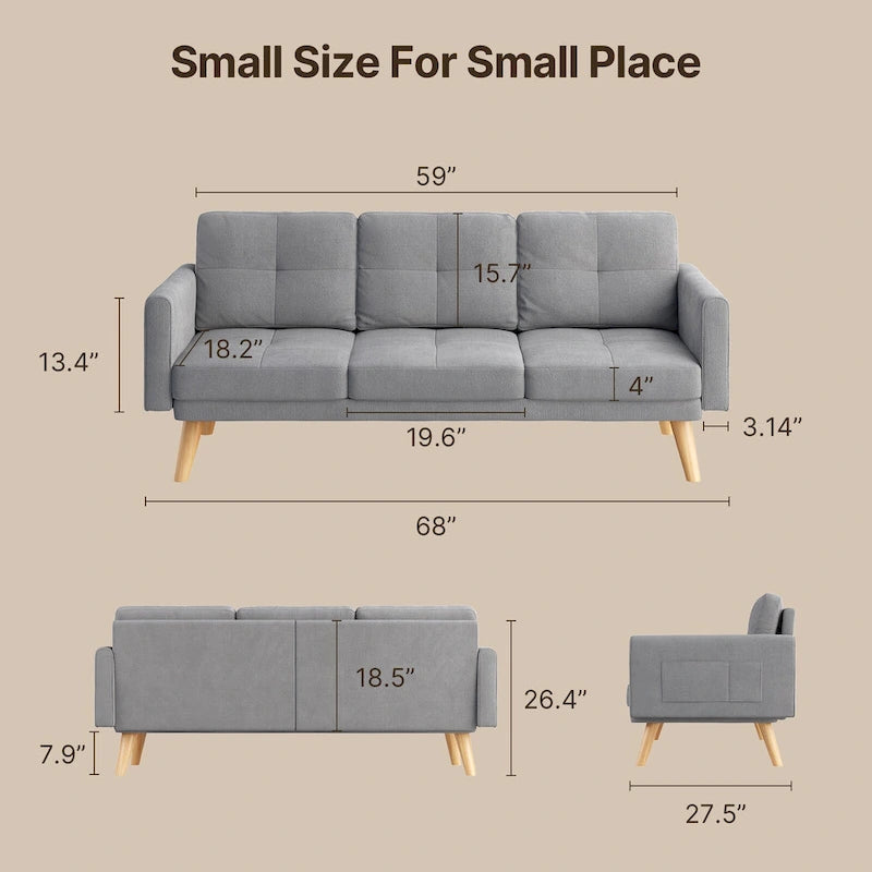 Canapé en tissu de 67 pouces avec accoudoirs moelleux et 3 coussins