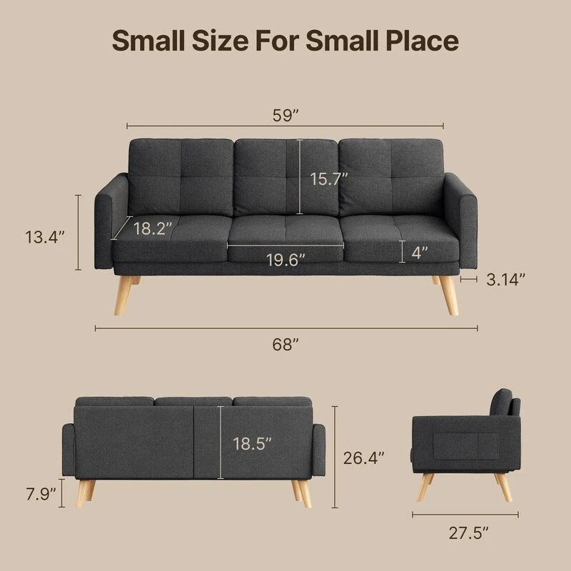 Canapé en tissu de 67 pouces avec accoudoirs moelleux et 3 coussins