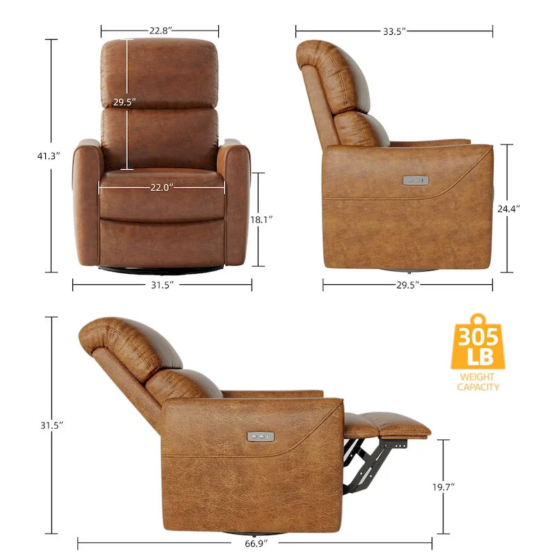 Sillón reclinable giratorio y mecedor eléctrico de cuero PU con puerto USB