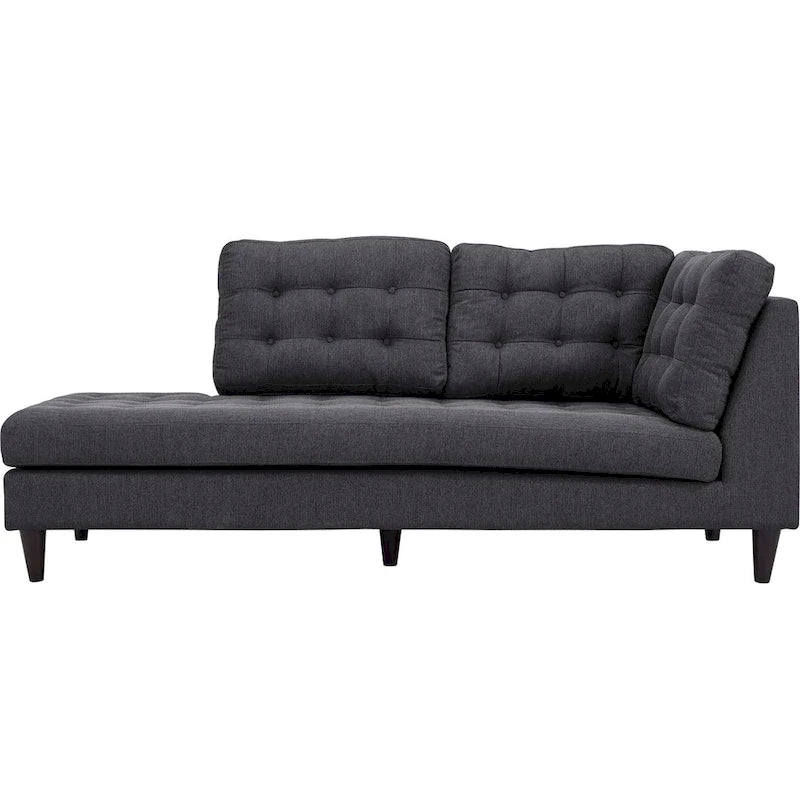 Chaise longue de tela con capitoné de botones y patas de madera