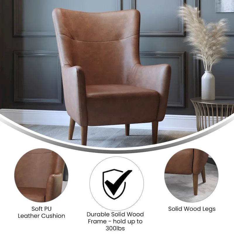 Sillón tapizado de respaldo alto con estructura de madera