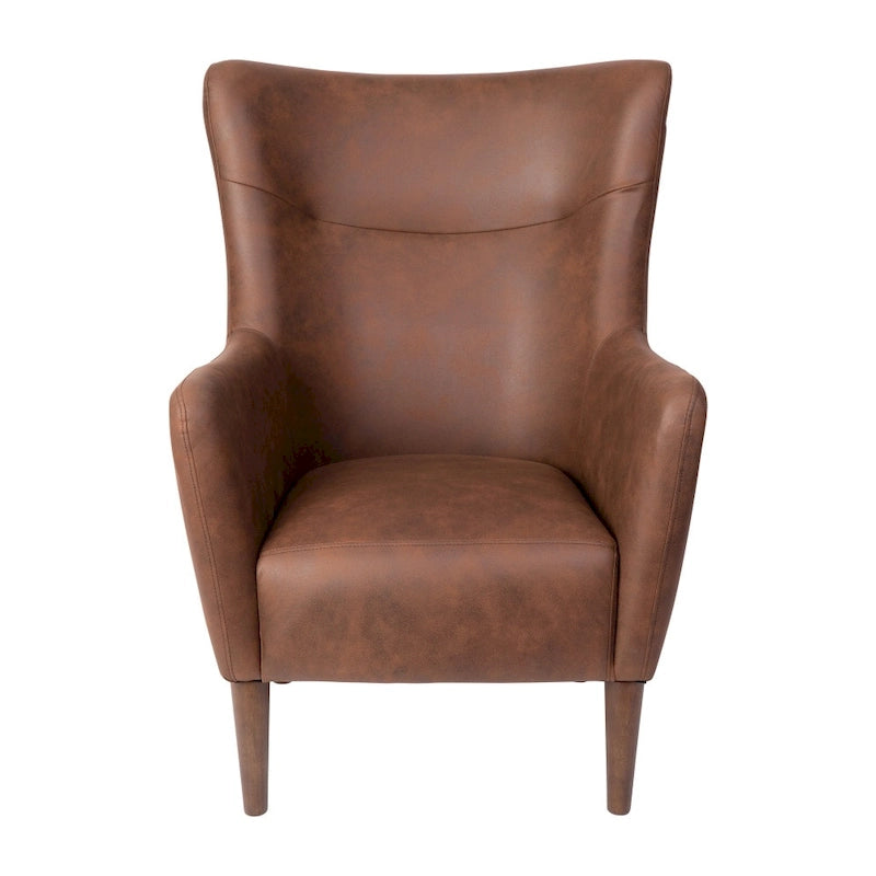Sillón tapizado de respaldo alto con estructura de madera