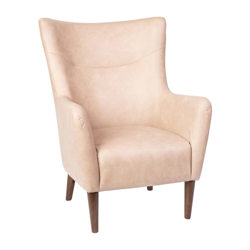 Sillón tapizado de respaldo alto con estructura de madera
