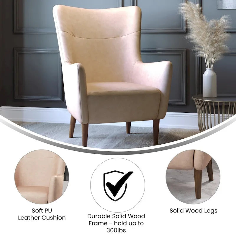 Sillón tapizado de respaldo alto con estructura de madera