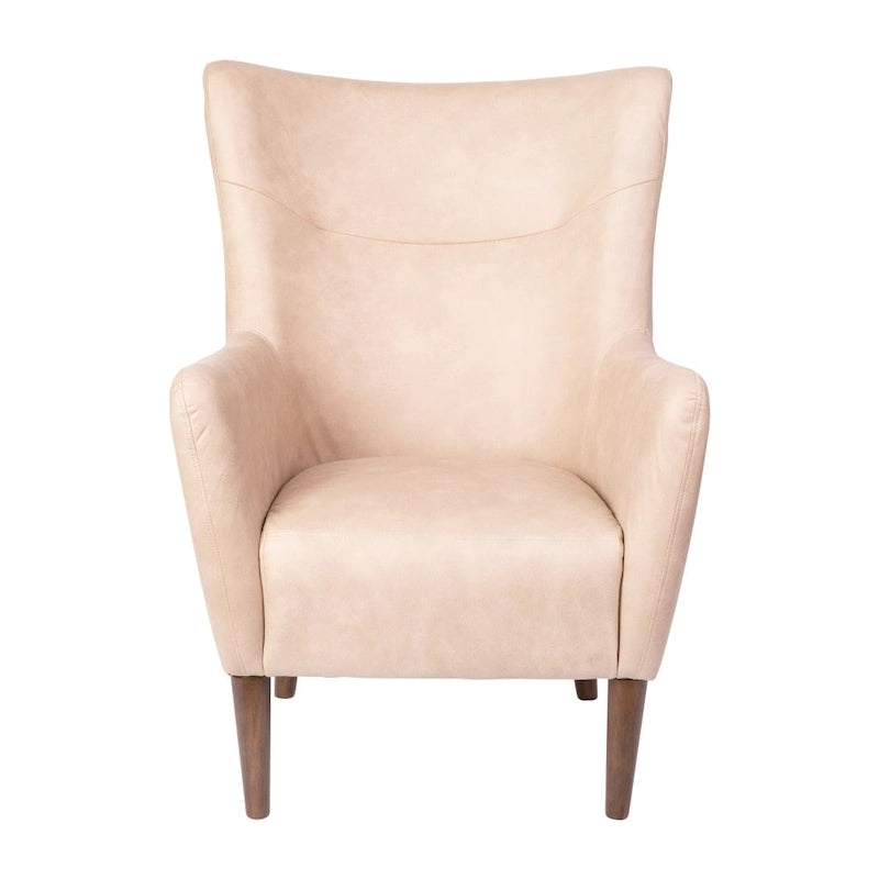 Sillón tapizado de respaldo alto con estructura de madera