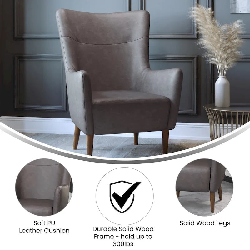 Sillón tapizado de respaldo alto con estructura de madera