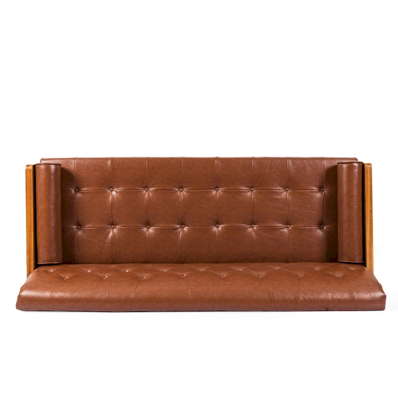 Sofa aus Kunstleder im Mid-Century-Stil mit Knopfheftung und Kissen