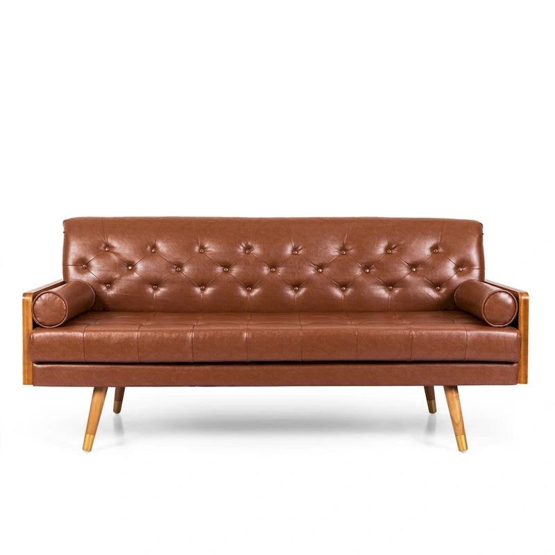 Sofa aus Kunstleder im Mid-Century-Stil mit Knopfheftung und Kissen
