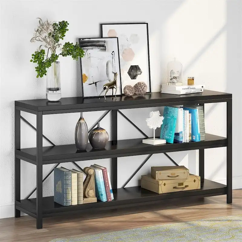 Mesa consola rústica de 3 niveles con estructura de metal