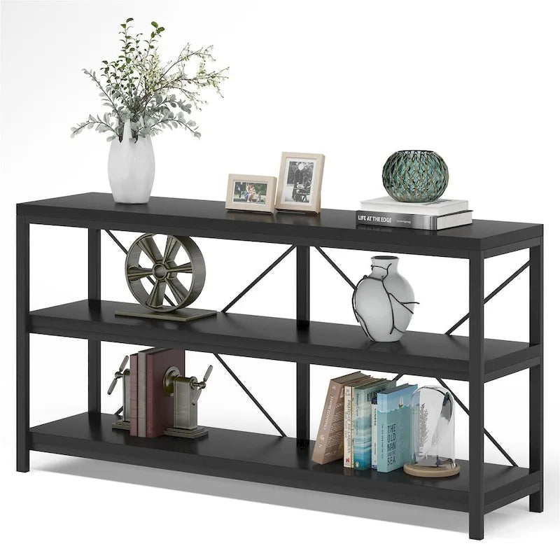 Mesa consola rústica de 3 niveles con estructura de metal
