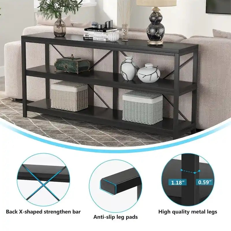 Mesa consola rústica de 3 niveles con estructura de metal
