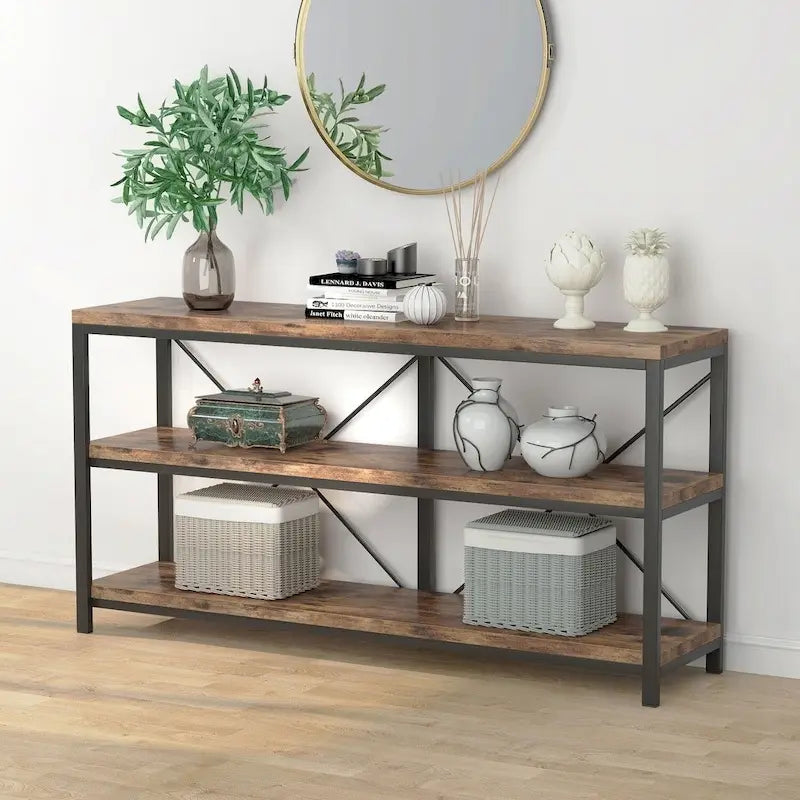 Mesa consola rústica de 3 niveles con estructura de metal