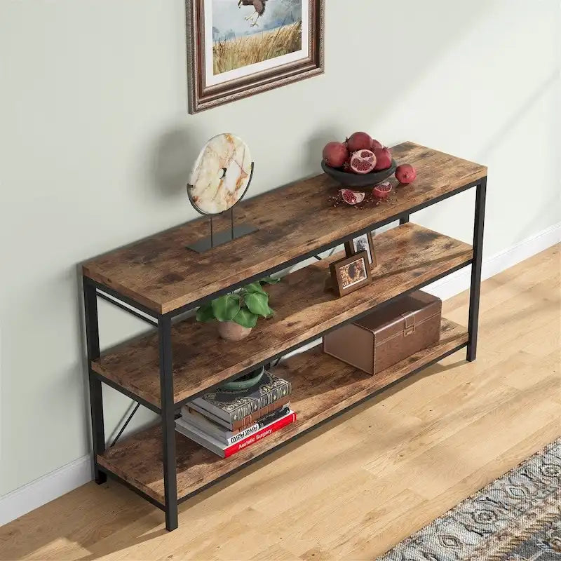 Mesa consola rústica de 3 niveles con estructura de metal