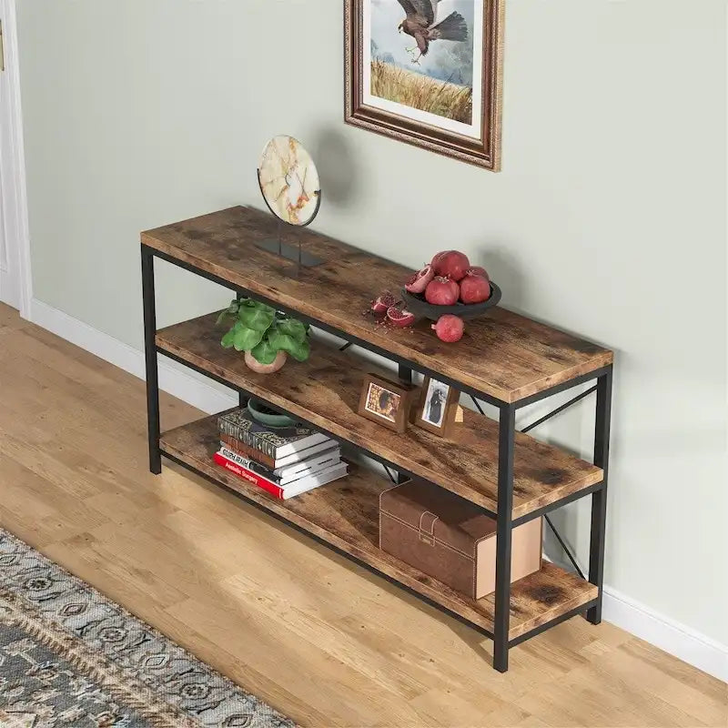 Mesa consola rústica de 3 niveles con estructura de metal