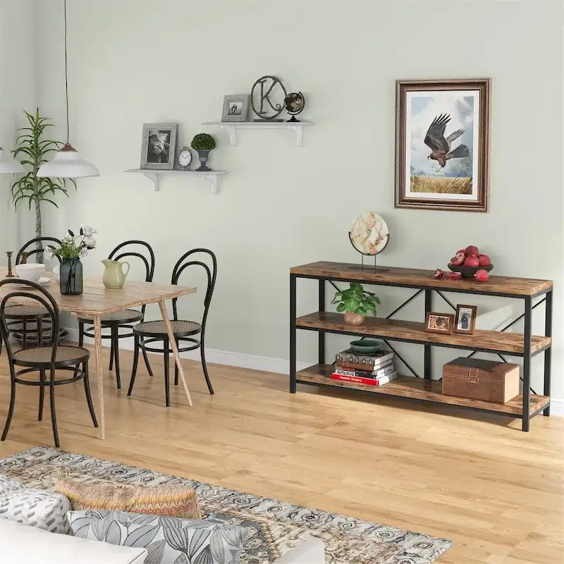 Mesa consola rústica de 3 niveles con estructura de metal