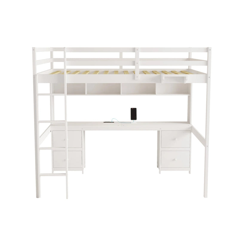 Cama alta matrimonial con escritorio, almacenamiento y puertos de carga