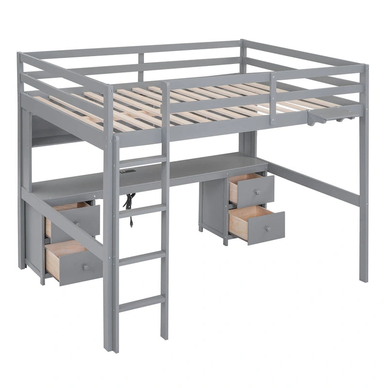 Cama alta matrimonial con escritorio, almacenamiento y puertos de carga