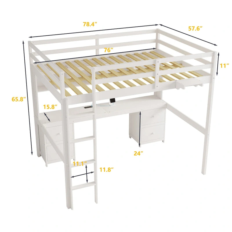 Hochbett in voller Größe mit Schreibtisch, Stauraum und Ladeanschlüssen