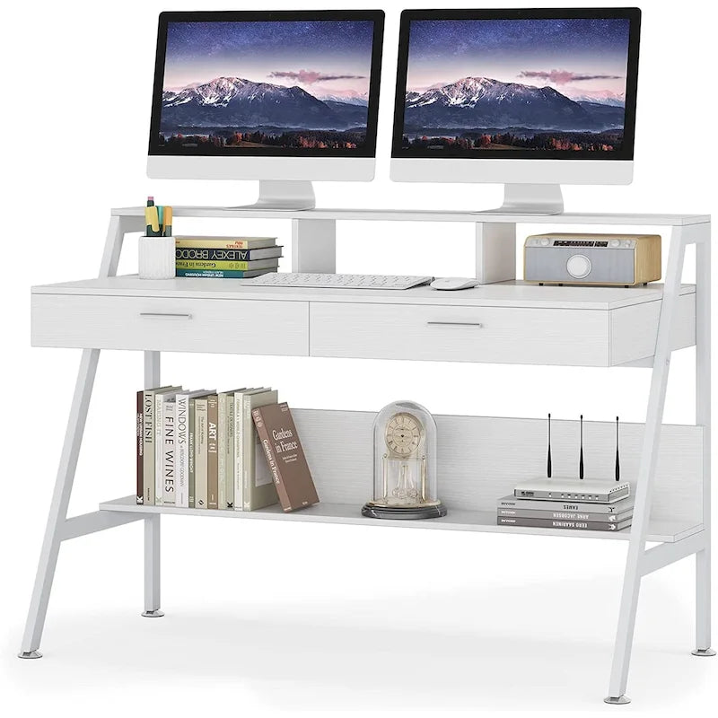 Computer Desk with 2 Drawers and Monitor Stand