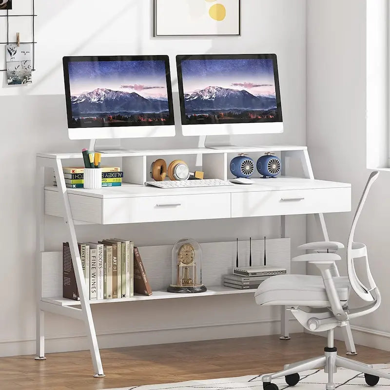 Computer Desk with 2 Drawers and Monitor Stand