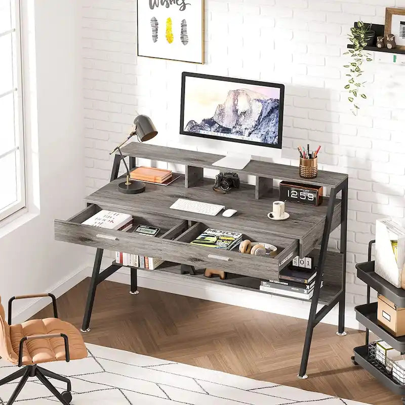 Computer Desk with 2 Drawers and Monitor Stand