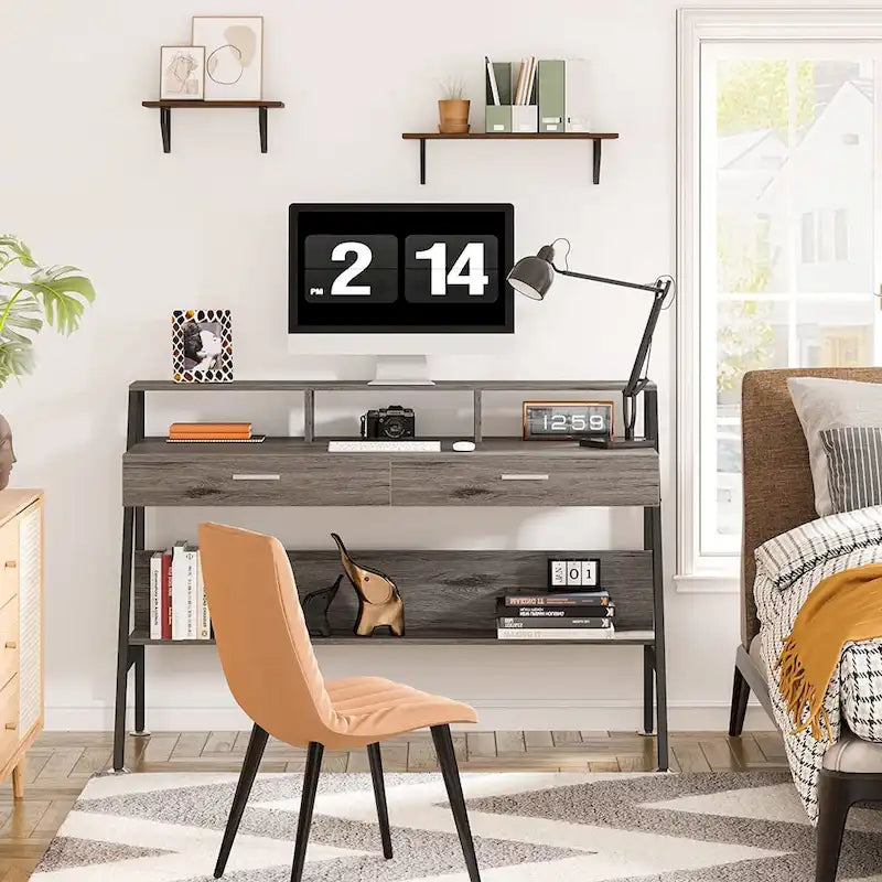 Computer Desk with 2 Drawers and Monitor Stand