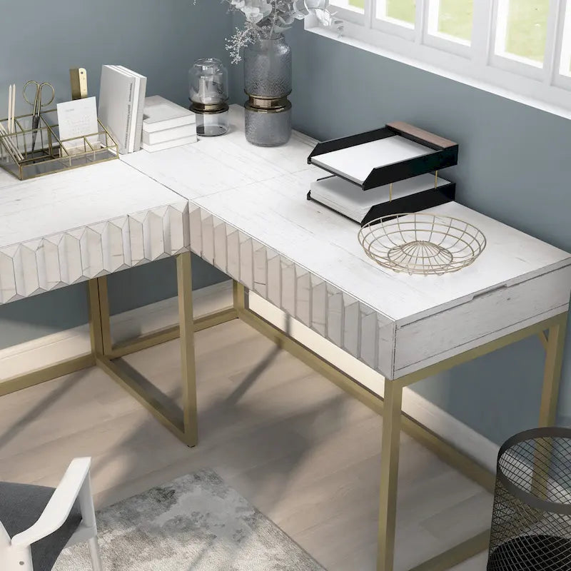Scrivania a L con piano sollevabile, porte USB e prese di corrente