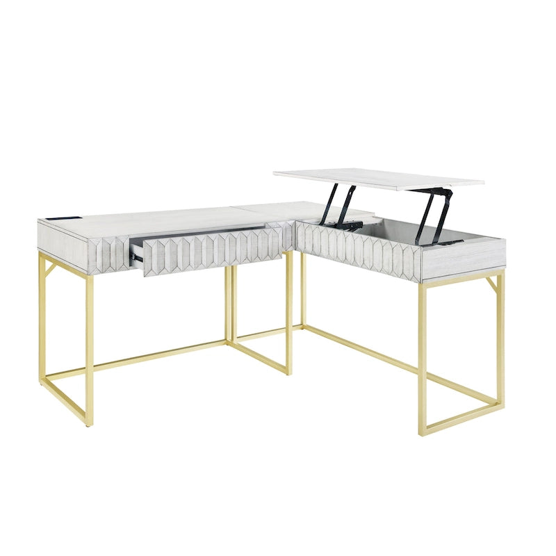 Scrivania a L con piano sollevabile, porte USB e prese di corrente