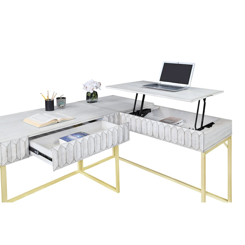 Scrivania a L con piano sollevabile, porte USB e prese di corrente
