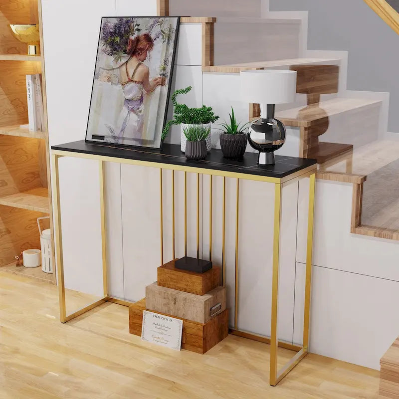 Console étroite en pierre frittée avec pieds en métal doré