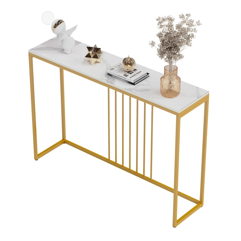 Mesa consola estrecha de piedra sinterizada con patas de metal dorado