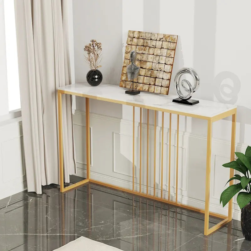 Mesa consola estrecha de piedra sinterizada con patas de metal dorado