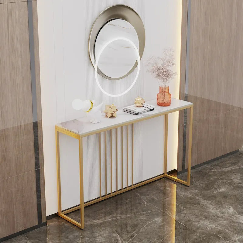 Console étroite en pierre frittée avec pieds en métal doré