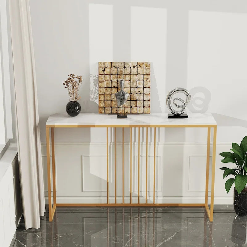 Console étroite en pierre frittée avec pieds en métal doré