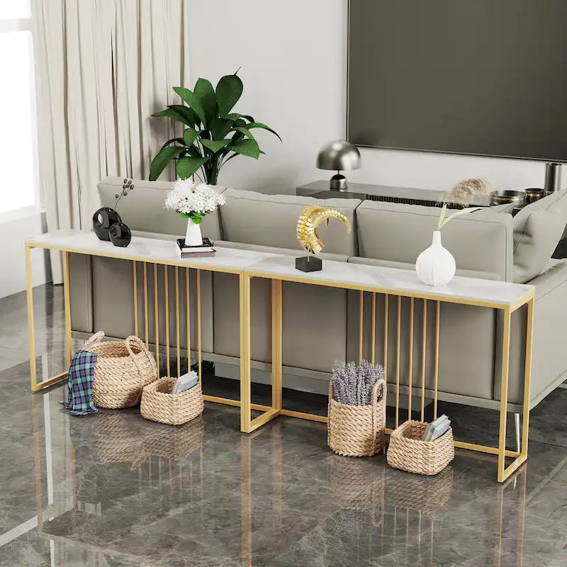 Console étroite en pierre frittée avec pieds en métal doré