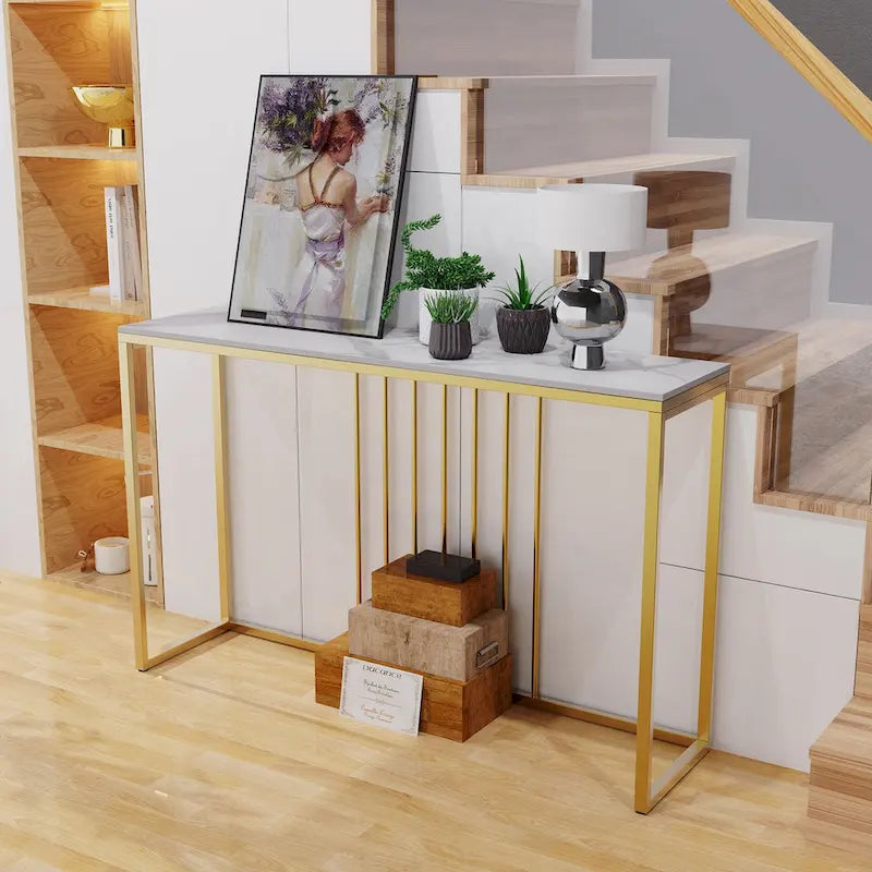 Console étroite en pierre frittée avec pieds en métal doré