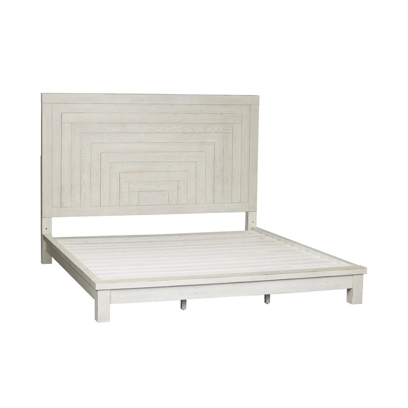 Cama de plataforma matrimonial blanca envejecida con paneles geométricos