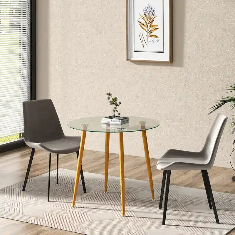 Table ronde de salle à manger en verre trempé avec pieds en métal