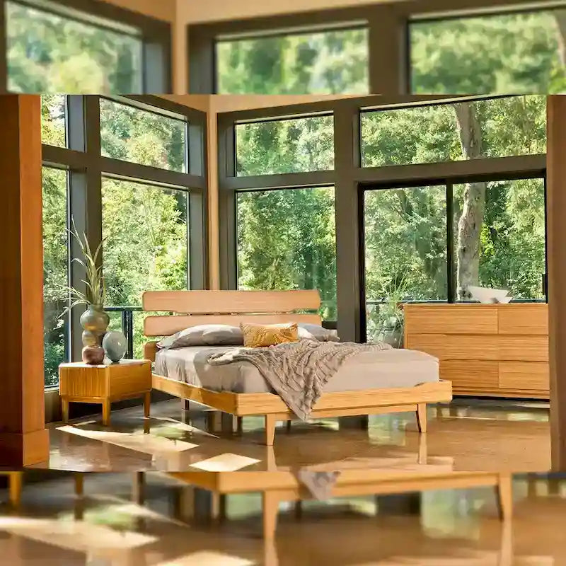 Κρεβάτι πλατφόρμας για queen size στρώμα από μασίφ μπαμπού σε φινίρισμα καραμέλας