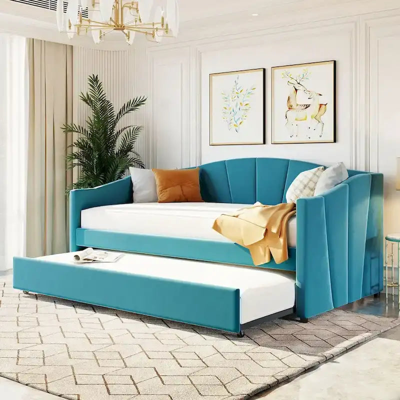 Cama de día de terciopelo tamaño Twin con cama nido extraíble