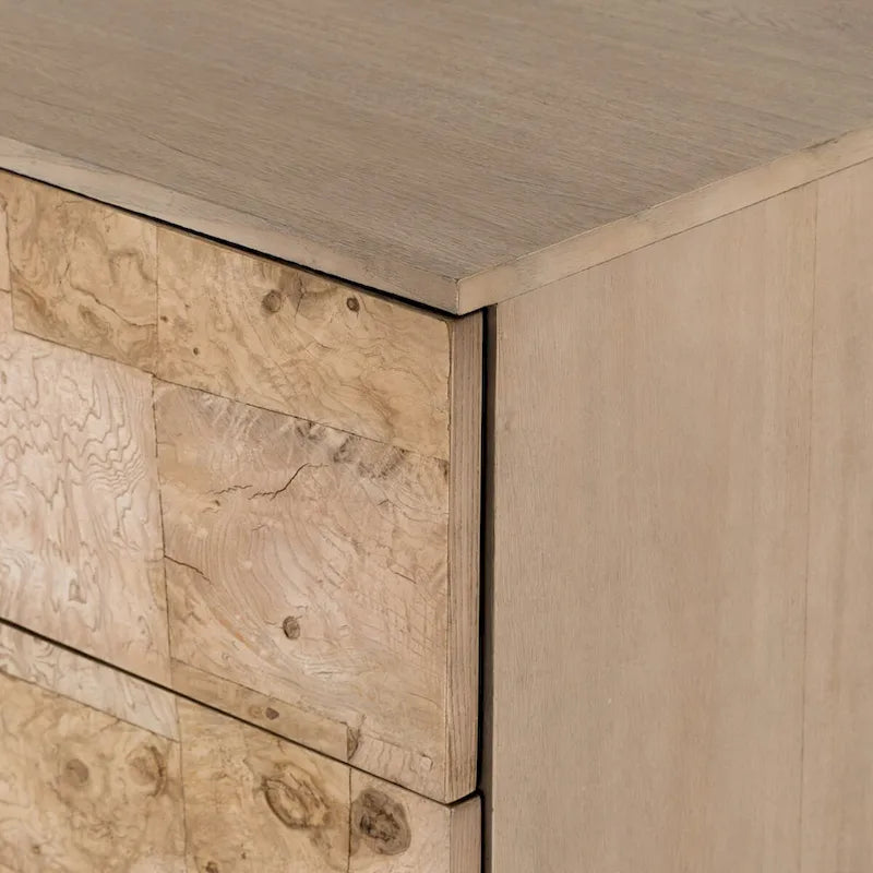 White 6-Drawer Dresser with Bleached Burl Wood Fronts