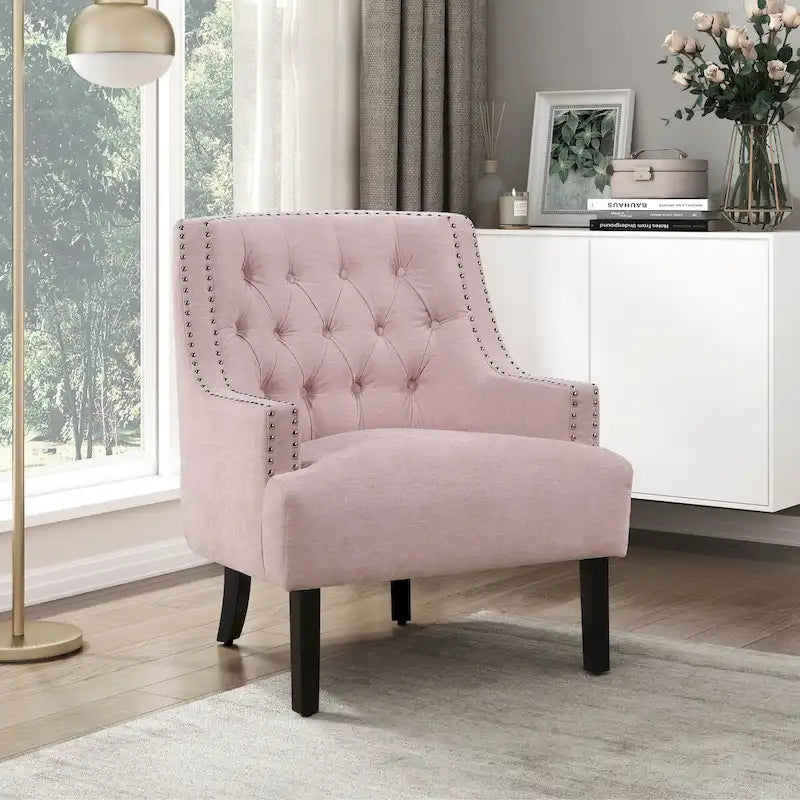 Sillón decorativo rosa de chenilla capitoné con ribete de tachuelas